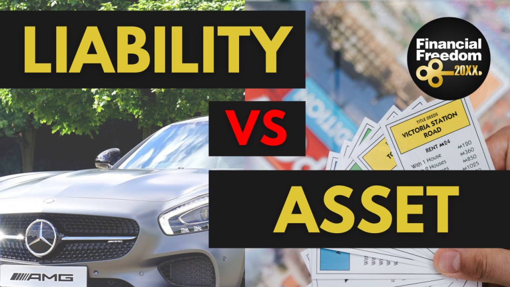 assets vs liabilities personal finance thumbnail containing car and monopoly share card