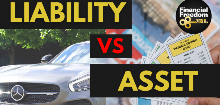 assets vs liabilities personal finance thumbnail containing car and monopoly share card